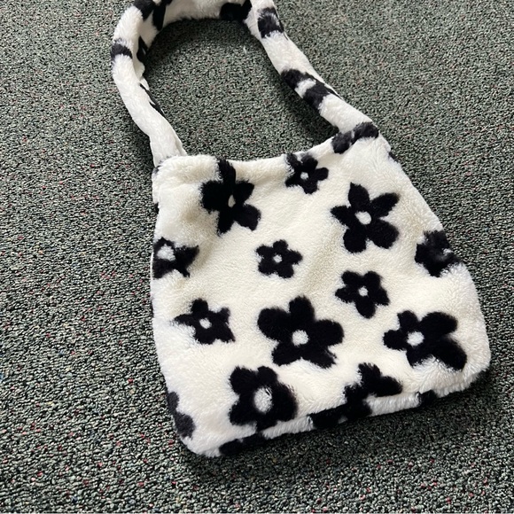 Fuzzy Furry Soft Black & White Floral Cow Print Medium Casual Shoulder Tote Bag - Picture 10 of 16